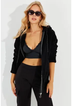 Kadın Siyah Peluş Fermuarlı Ceket Q979