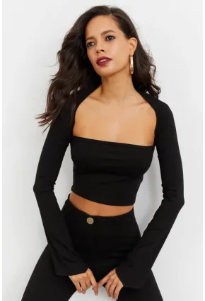 Kadın Siyah Pencereli Crop Bluz B1905