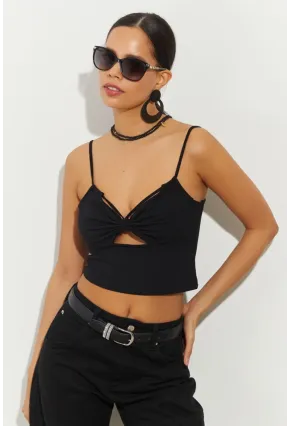 Kadın Siyah Pencereli Crop Bluz B2441