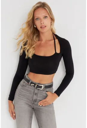 Kadın Siyah Pencereli Crop Bluz B2946