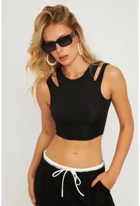 Kadın Siyah Pencereli Crop Bluz CG356