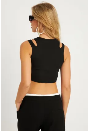 Kadın Siyah Pencereli Crop Bluz CG356