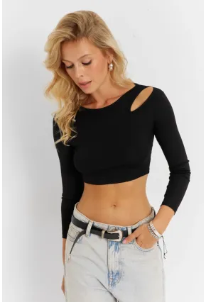 Kadın Siyah Pencereli Crop Bluz CG363