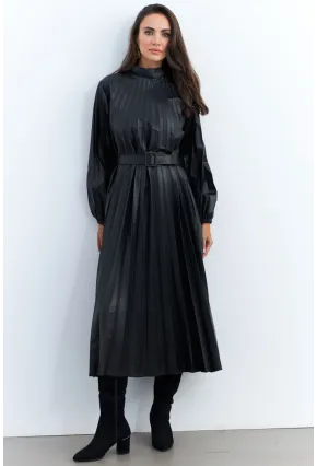 Kadın Siyah Pileli Kemerli Maxi Elbise MALZ99