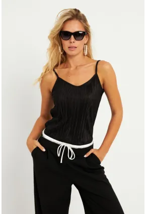Kadın Siyah Piliseli Askılı Bluz DMR004