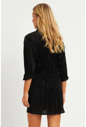 Kadın Siyah Piliseli Kemerli Mini Elbise TW70124-90