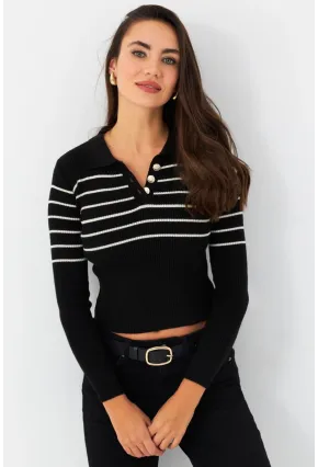Kadın Siyah Polo Yaka Çizgili Triko Bluz MK65