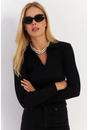 Kadın Siyah Polo Yaka Kaşkorse Bluz LON3006