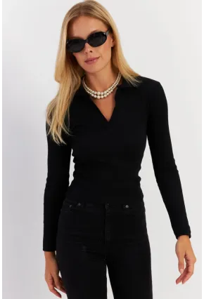 Kadın Siyah Polo Yaka Kaşkorse Bluz LON3006