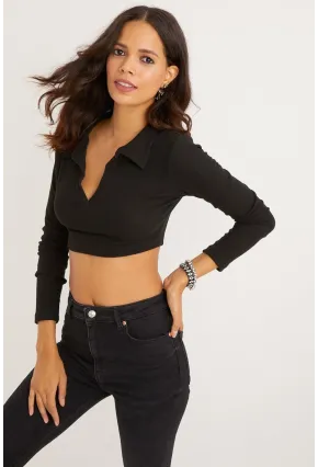 Kadın Siyah Polo Yaka Kaşkorse Crop Bluz Yİ2347