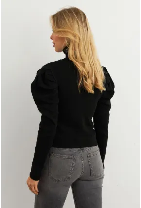 Kadın Siyah Prenses Kol Balıkçı Yaka Triko Bluz SF2555