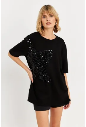Kadın Siyah Pul Detaylı Tunik ST190
