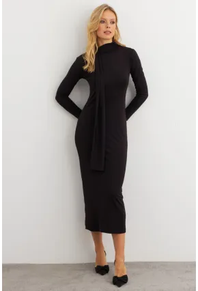 Kadın Siyah Şal Detaylı Midi Elbise MEY3010