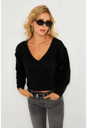 Kadın Siyah Salaş Kısa Triko Bluz YV281