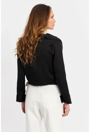 Kadın Siyah Saten Crop Gömlek ELT8052