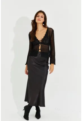 Kadın Siyah Saten Maxi Etek RMZ21077