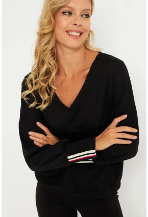 Kadın Siyah Şerit Detaylı V Yaka Sweatshirt  EY2905