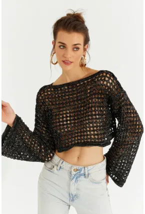 Kadın Siyah Simli Ajurlu Triko Kısa Bluz YV141