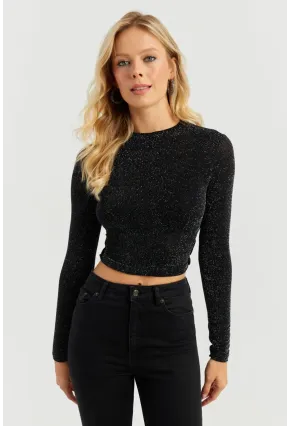 Kadın Siyah Simli Crop Bluz GÇ149