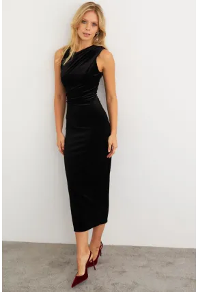 Kadın Siyah Simli Drapeli Maxi Elbise KED4481