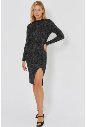 Kadın Siyah Simli Triko Midi Elbise SF2526