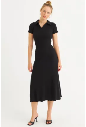 Kadın Siyah Sırt Bağlamalı Kaşkorse Midi Elbise MFRY0001