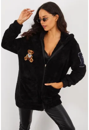 Kadın Siyah Sırt Baskılı Kapüşonlu Peluş Mont BK231123