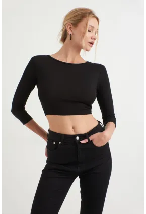 Kadın Siyah Sırt Dekolteli Bağlamalı Crop Bluz EY1037