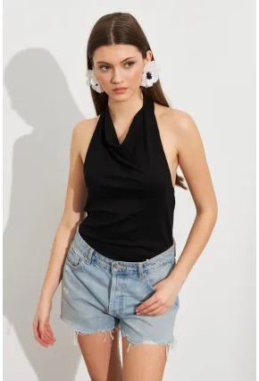 Kadın Siyah Sırt Dekolteli Halter Yaka Bluz AYD412