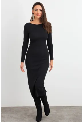 Kadın Siyah Sırt Dekolteli Kaşkorse Midi Elbise EY3029