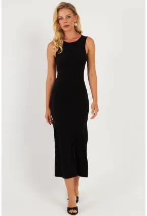 Kadın Siyah Sırt Dekolteli Midi Elbise DMR692