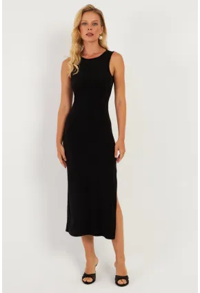 Kadın Siyah Sırt Dekolteli Midi Elbise DMR692