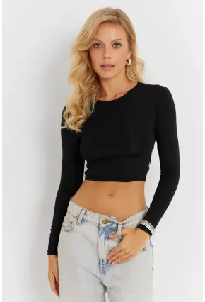 Kadın Siyah Sırt Detaylı Crop Bluz CG365