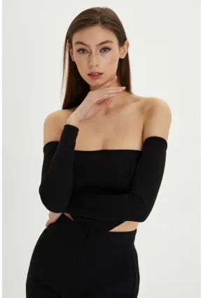 Kadın Siyah Sırt Fermuarlı Crop Bluz B518