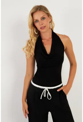 Kadın Siyah Sırtı Açık Çıtçıtlı Body LPP1295