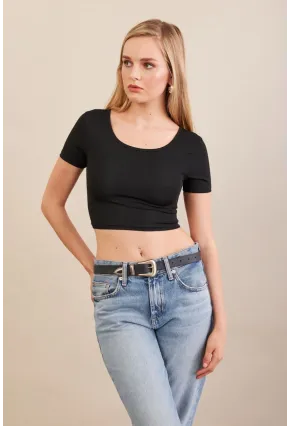 Kadın Siyah Sırtı Açık Crop Bluz AN6038