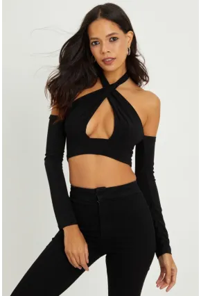 Kadın Siyah Sırtı Açık Crop Bluz B1729