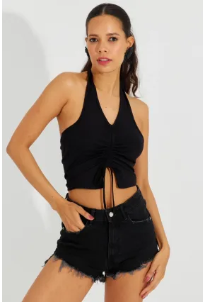 Kadın Siyah Sırtı Açık Crop Bluz B2697