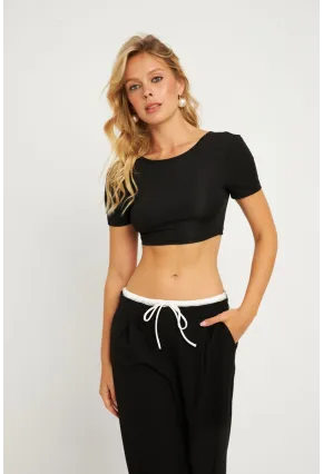 Kadın Siyah Sırtı Açık Crop Bluz CG358