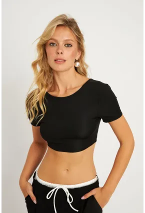 Kadın Siyah Sırtı Açık Crop Bluz CG358