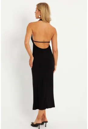 Kadın Siyah Sırtı Açık Degaje Midi Yılbaşı Elbise GÇ177