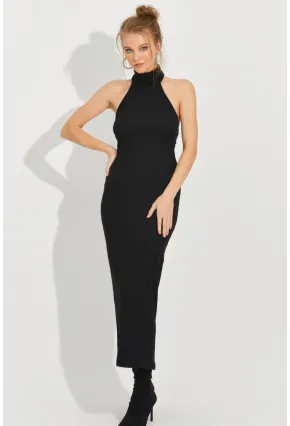 Kadın Siyah Sırtı Açık Kolsuz Kaşkorse Maxi Elbise EY2589