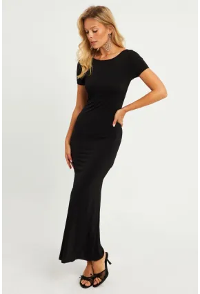 Kadın Siyah Sırtı Açık Maxi Elbise DMR306