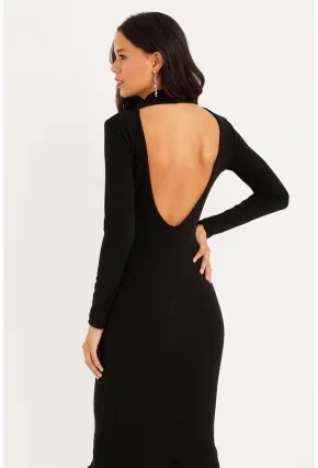 Kadın Siyah Sırtı Açık Midi Elbise EY1367