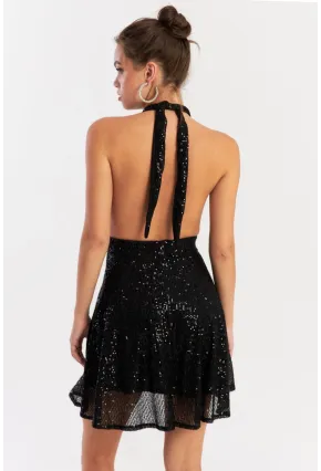 Kadın Siyah Sırtı Açık Payetli Astarlı Mini Elbise Dcf046