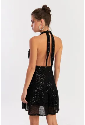 Kadın Siyah Sırtı Açık Payetli Astarlı Mini Elbise Dcf046