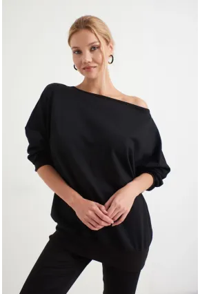 Kadın Siyah Sırtı Açık Yarasa Kol Sweatshirt B161