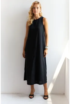 Kadın Siyah Sırtı Düğmeli Midi Keten Elbise DMR353