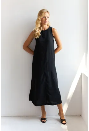 Kadın Siyah Sırtı Düğmeli Midi Keten Elbise DMR353