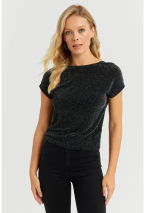 Kadın Siyah Sırtı Dügümlü Simli Bluz LPP1251